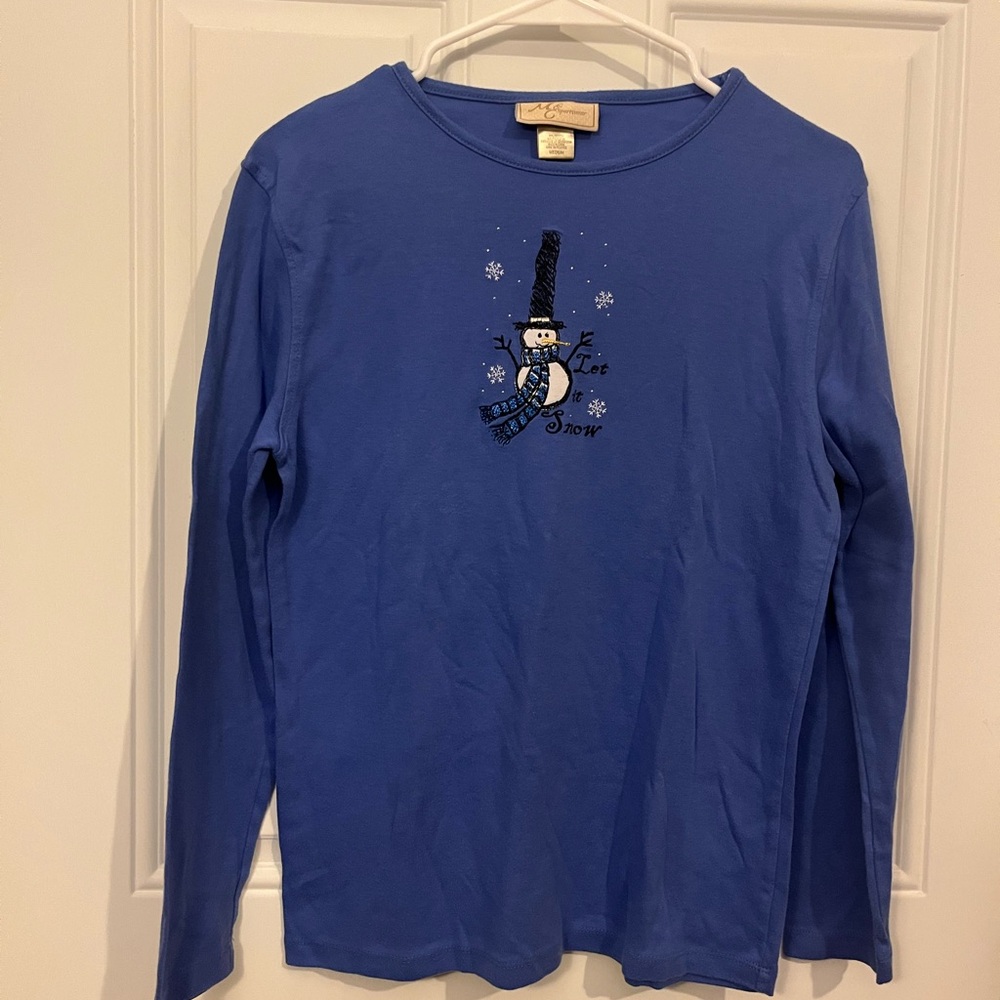 M&C Sportswear Women’s Medium Let It Snow Snowman Winter Blue Long Sleeve Shirt